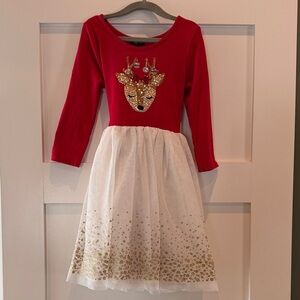 Zunie Red Dress with White and Gold Details and a Reindeer. Christmas, Santa.